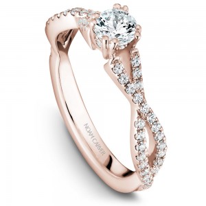 A Carver Studio rose gold engagement ring with a twist band and 53 diamonds.