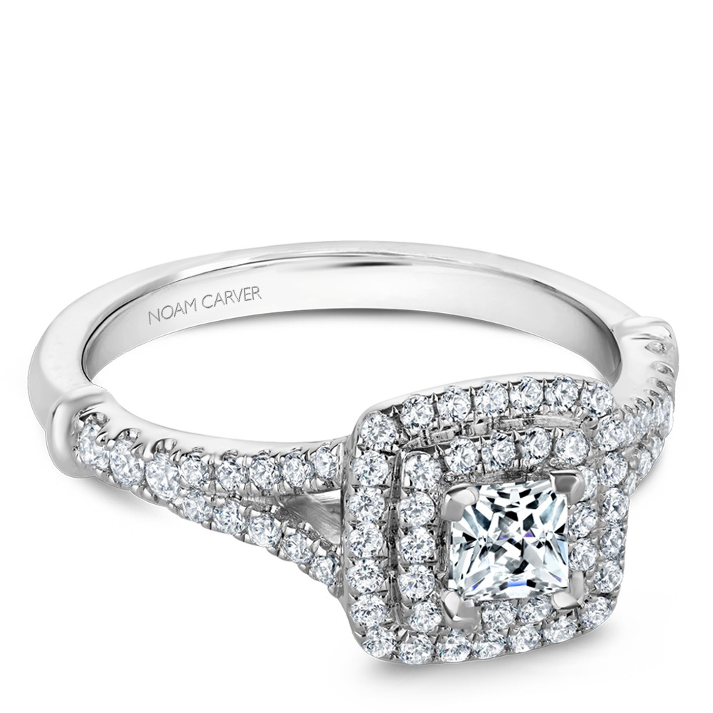 A Carver Studio white gold engagement ring with a double square halo and 67 diamonds.