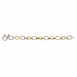 Silver And 18Kt Gold Textured Italian Cable Bracelet With Round And Oval Links And Spring Ring Clasp