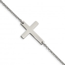 Stainless Steel Polished Sideways Cross 7.25in Bracelet