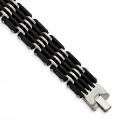 Stainless Steel Polished with Black Rubber 8.25in Bracelet
