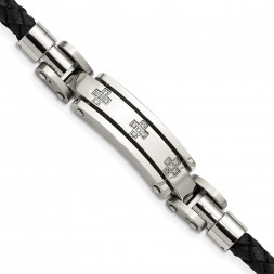 Stainless Steel Polished w/Black Leather & Diamond Crosses 8.25in Bracelet