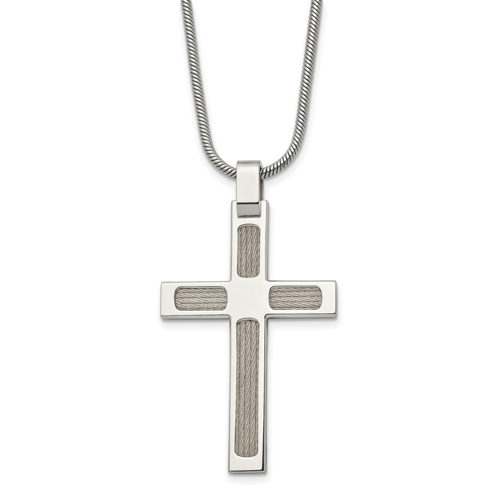 Stainless Steel Brushed and Polished w/Cable Cross 24in Necklace