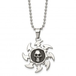 Stainless Steel Antiqued and Polished Saw Blade w/ Skull 24in Necklace