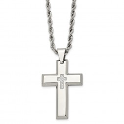 Stainless Steel Polished w/CZ Cross 24in Necklace