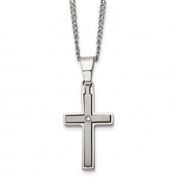 Titanium Brushed and Polished w/.03ct Diamond Cross 22in Necklace