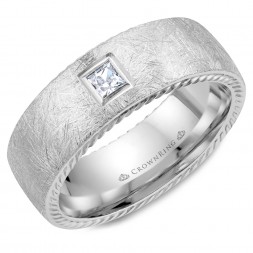 White Gold Wedding Band With A Square Cut Diamond, Rope Edges And Diamond Brushed Finish