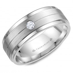 White Gold Wedding Band With Brushed Center And Round Diamond