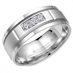 White Gold Wedding Band With Sandblast Center And Three Diamonds In Prong Setting
