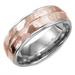 White Gold Wedding Band With Rose Gold Hammered Center And Line Detailing