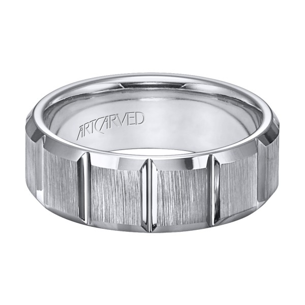 Comfort Fit Tungsten Carbide Wedding Band With Modern Vertical Cuts And Vertical Brushed Finish
