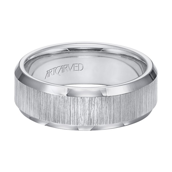 Tungsten Carbide Wedding Band With Vertical Satin Finish And Beveled Edges