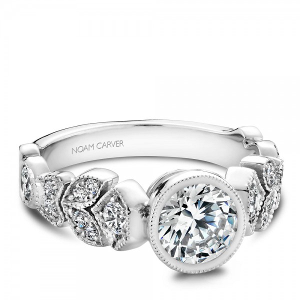 Noam Carver White Gold Engagement Ring With Round Centerpiece And 16 Round Diamonds On Detailed Floral Band