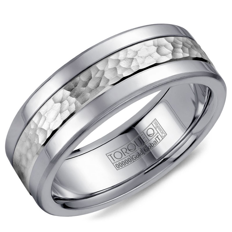 A Torque Ring In White Cobalt With A Hammered White Gold Center.