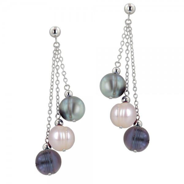 Sterling Silver 8-9MM Gray, White and Black Ringed Freshwater Cultured Pearl Multi Dangle Earrings