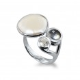 Sterling Silver 15-16mm White Baroque Coin Freshwater Cultured Pearl with Black Mother of Pearl and White Topaz Ring