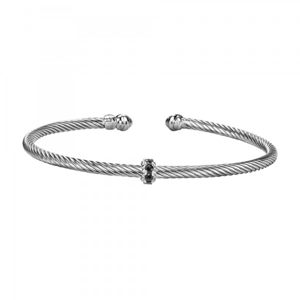 Silver Italian Cable Stackable Bangle With Black Spinel