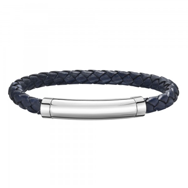 Silver With Rhodium Finish Woven Blue Leather Bracelet With Large Magnetic Clasp And  Blue Sapphire