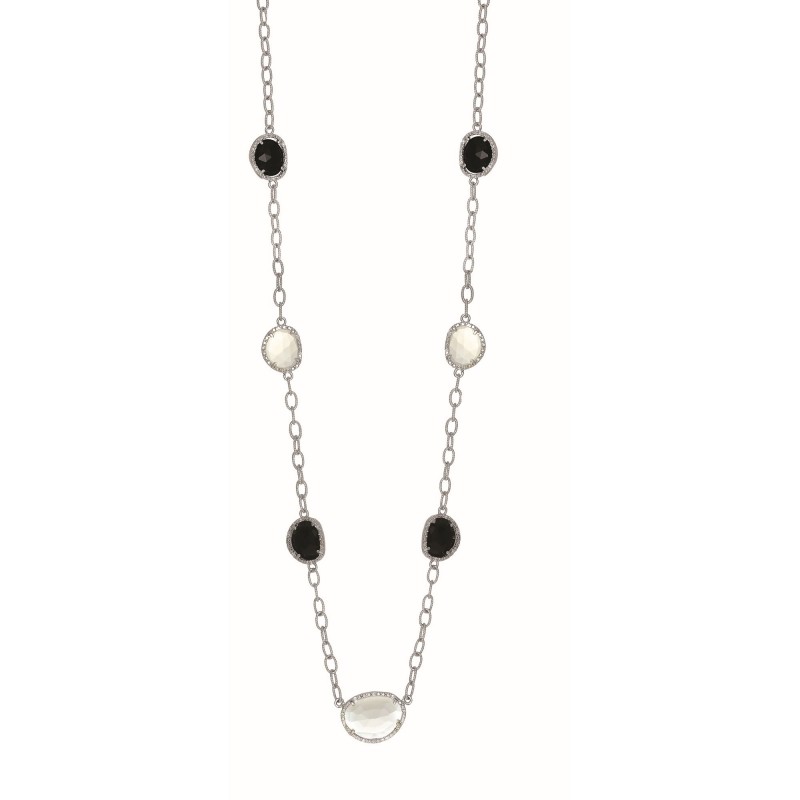 Silver  Gem Candy Oval L Ink 26 In Necklace With Diamonds, Moonstone And  Black Onyx