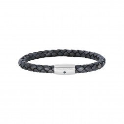 Silver With Rhodium Finish Woven Gray Leather Bracelet With Small Magnetic Clasp And  Blue Sapphire