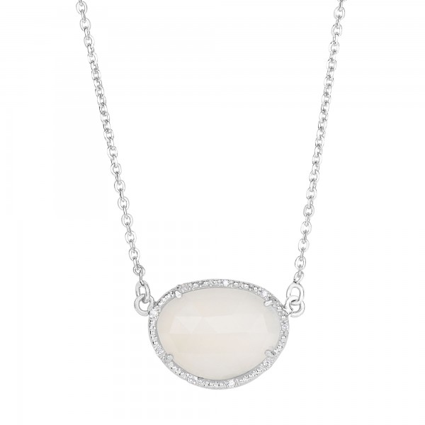 Silver Oval Diamonds Sideways Pendant With Large Moonstone On 17 In Chain