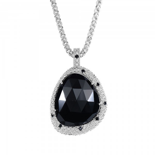 Silver Large Popcorn Teardrop Pendant With Black Onyx And Black Spinel On 18In Chain