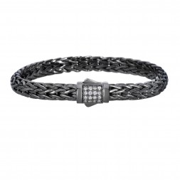 Silver Black Rhodium Finish  Woven Bracelet With Box Clasp And White Sapphire