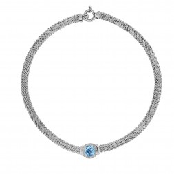 Silver Popcorn 17In Necklace With Diamonds And Cushion Cut Blue Topaz