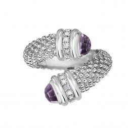 Silver Popcorn Bypass Ring With Diamonds And  Amethyst