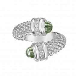 Silver Popcorn Bypass Ring With Diamonds And Green Amethyst