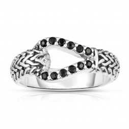 Woven Silver Hook Ring With Black Sapphires.