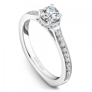 A solitaire Carver Studio white gold engagement ring with 38 diamonds.