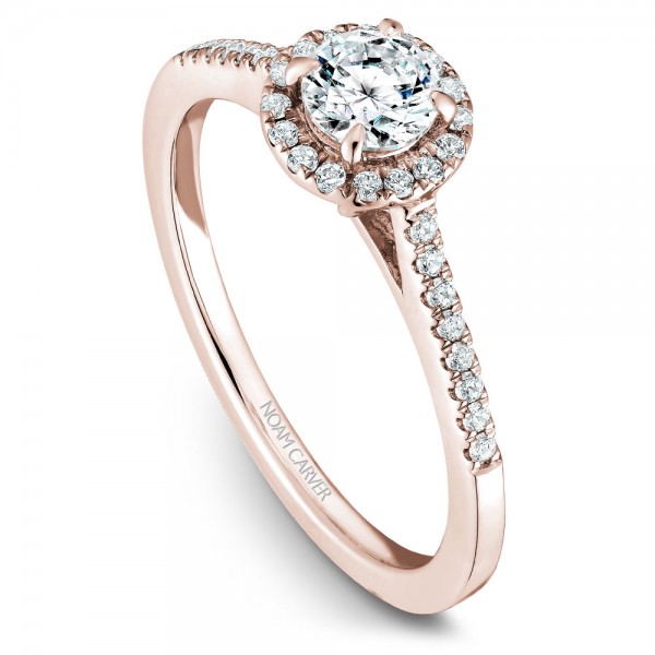 A Carver Studio rose gold engagement ring with 33 diamonds.