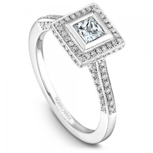 A modern Carver Studio white gold engagement ring with a square halo and 123 diamonds.