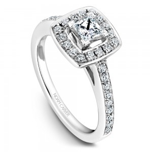 A Carver Studio white gold engagement ring with a square halo and 35 diamonds.
