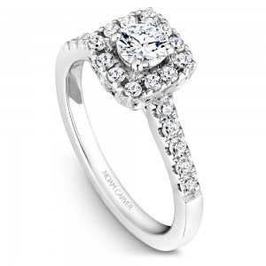 A Carver Studio white gold engagement ring with a square halo and 33 diamonds.