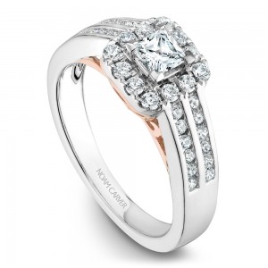 A modern Carver Studio white gold engagement ring with a square halo, 37 diamonds and rose gold accents.