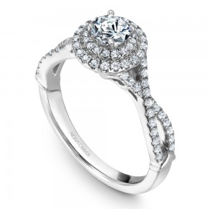 A Carver Studio white gold engagement ring with a twist band, a double halo and 77 diamonds.