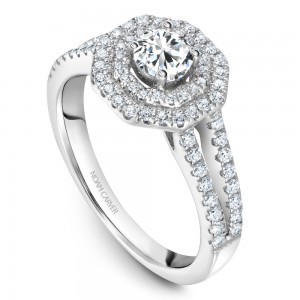 A modern Carver Studio white gold engagement ring with a double halo and 77 diamonds.