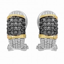 Silver And 18Kt Gold Textured Curve Popcorn Post Earrings With Omega Back Clasp And Black  Diamonds