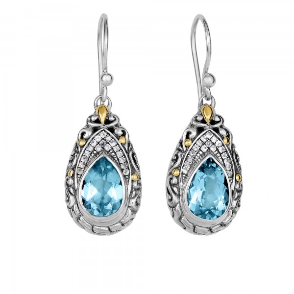 Silver And 18Kt Gold Teardrop Filigree Earrings With Blue Topaz And White Sapphires