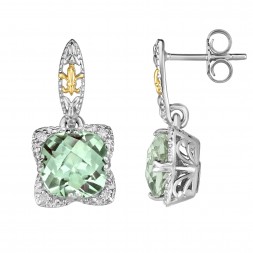 Silver And 18Kt Gold Gem Candy Drop Earrings With  Green Amethyst And Diamonds