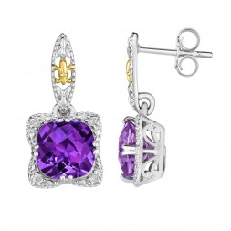 Silver And 18Kt Gold Gem Candy Drop Earrings With Amethyst And Diamonds