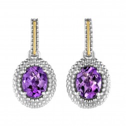 Silver And 18Kt Gold Popcorn Drop Earrings With Oval Amethyst