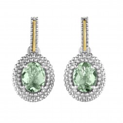 Silver And 18Kt Gold Popcorn Drop Earrings With Oval Green Amethyst