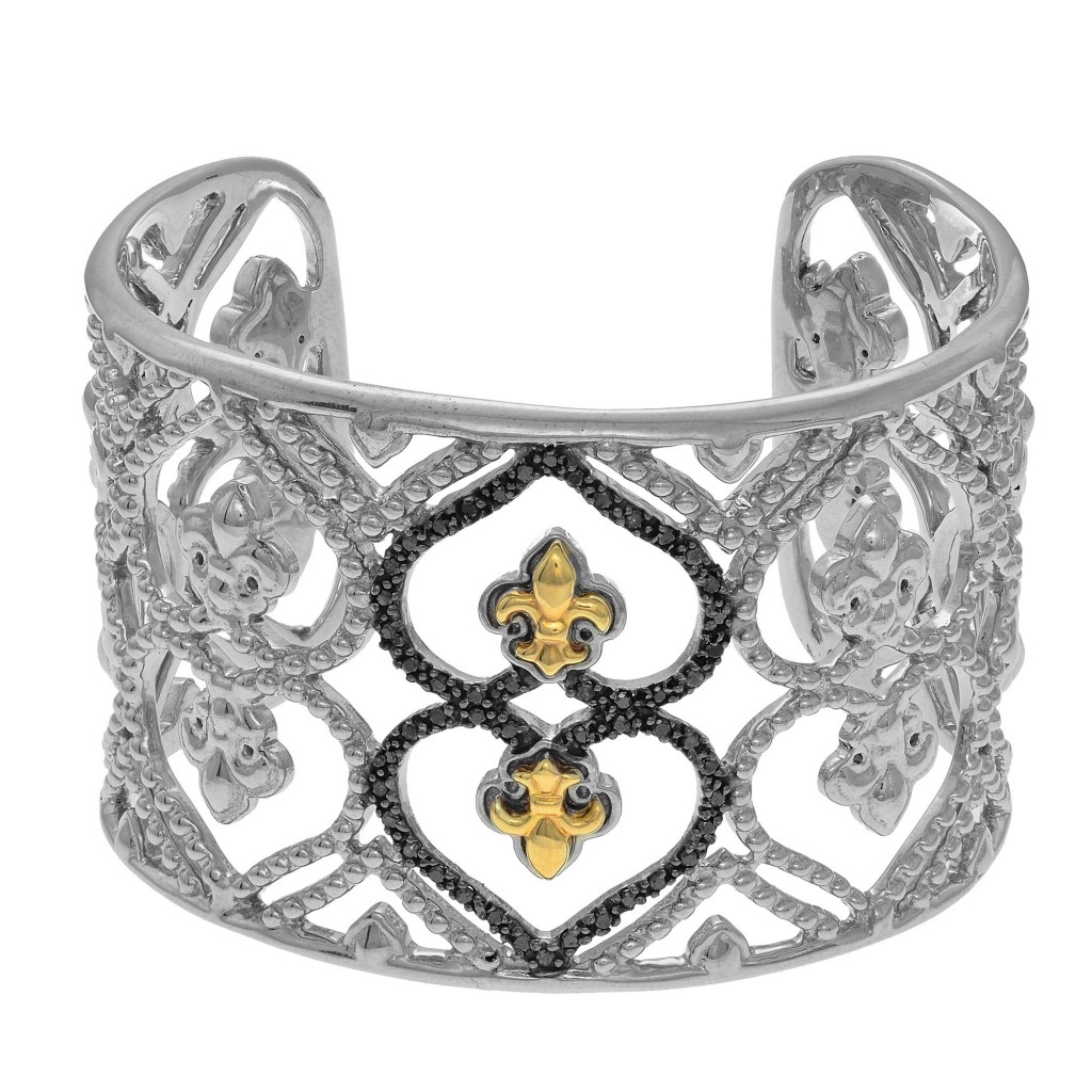 Silver And 18Kt Gold 40Mm Fleur De Lis Pattern  Cuff Bangle With .50Ct Black Diamond