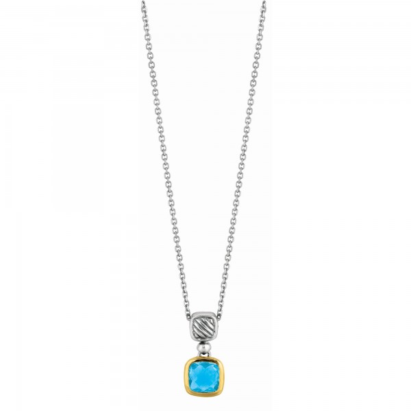 Silver And 18Kt Gold Italian Cable Pendant With Blue Topaz