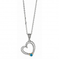 Silver And 18Kt Gold Italian Cable Heart Shaped Necklace With Blue Topaz On 18In Chain