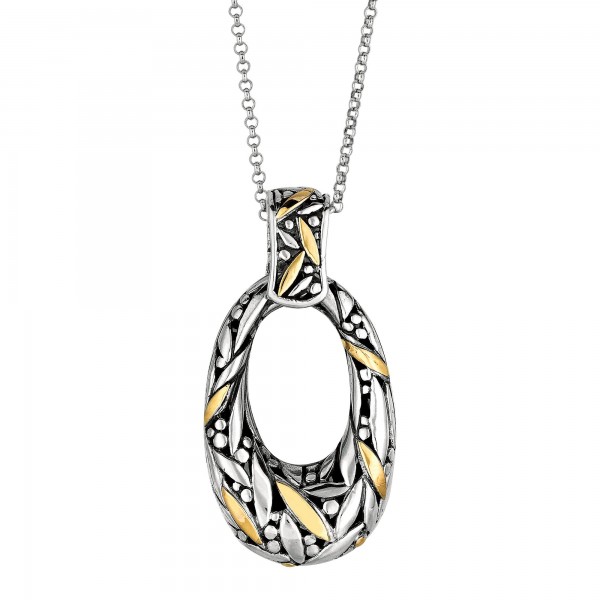 Silver And 18Kt Gold Bamboo Leave Pendant  On 18In Chain
