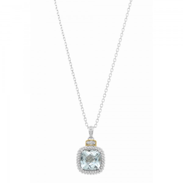 Silver And 18Kt Gold Popcorn Pendant With Large Square Cushion Blue Topaz And Diamonds On 18In Chain